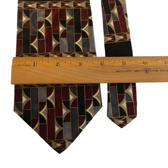 Damon Silk Tie Geometric Burgundy Black Gold Mens Necktie Office Formal Dad Gift - Picture 3 of 7